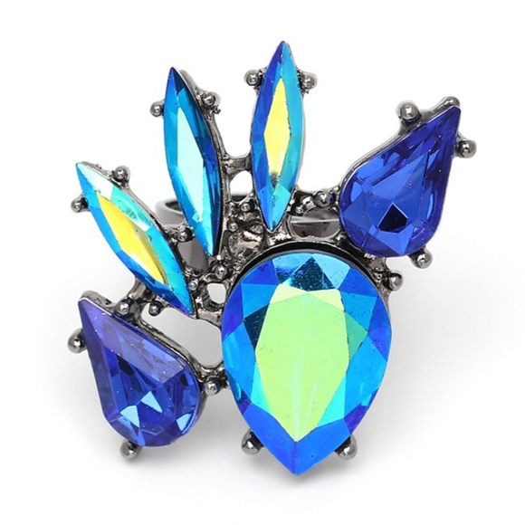 Stunning Aqua and Royal Blue Large rhinestone statement ring adjustable - Picture 5 of 6